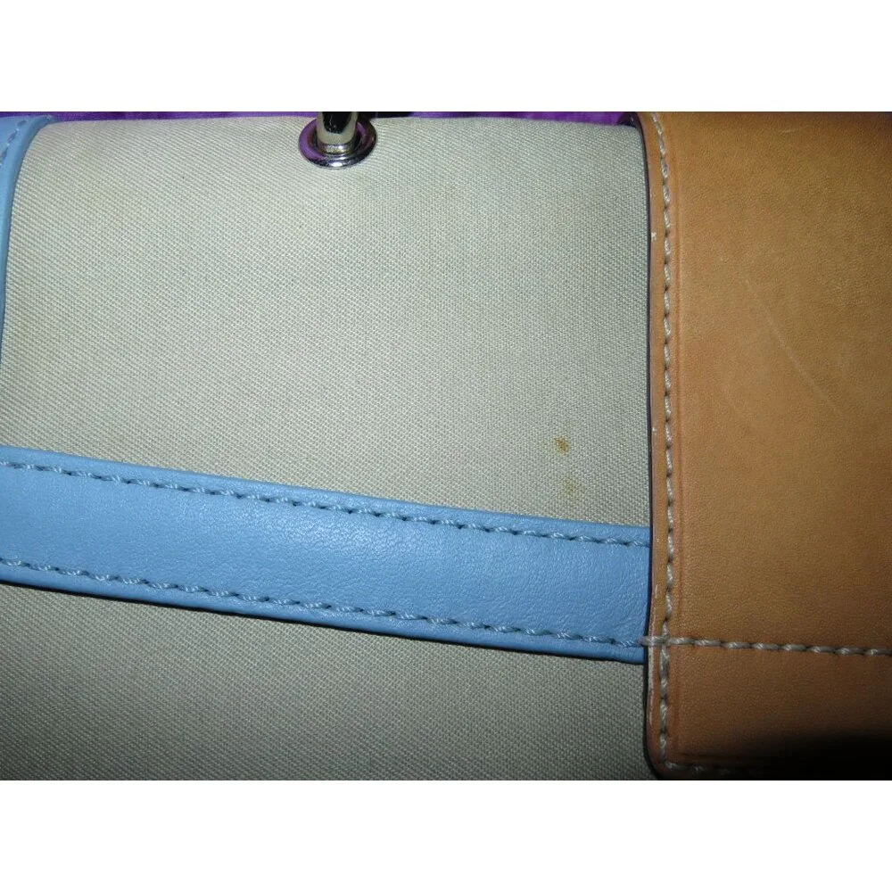 Coach 2004 Daisy Flap Hampton Cream Sateen & Blue and Tan Vachetta Leather